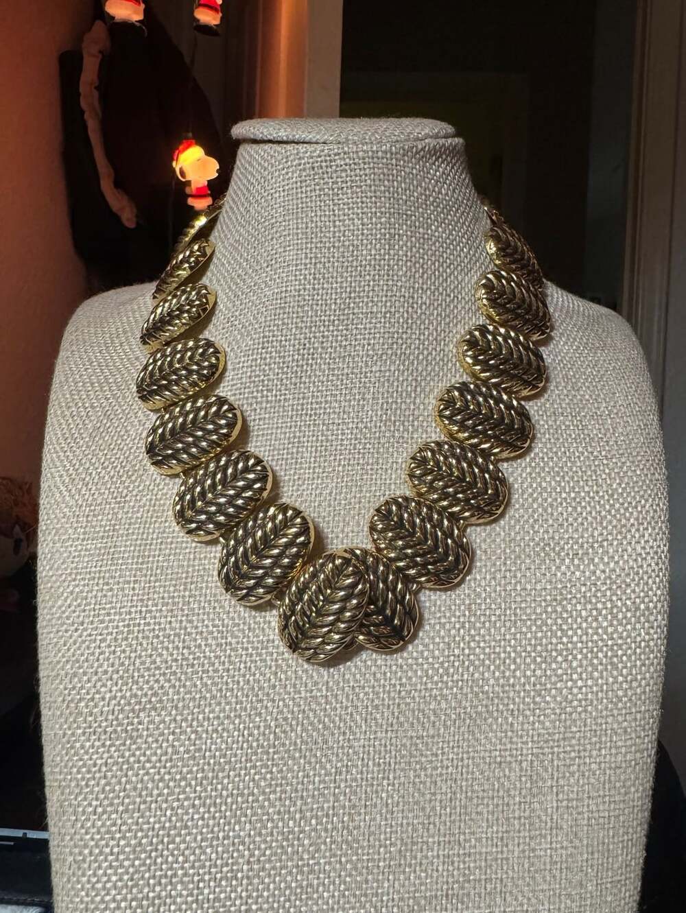 Vintage Gold Tone Statement Necklace Chunky Braided Leaf